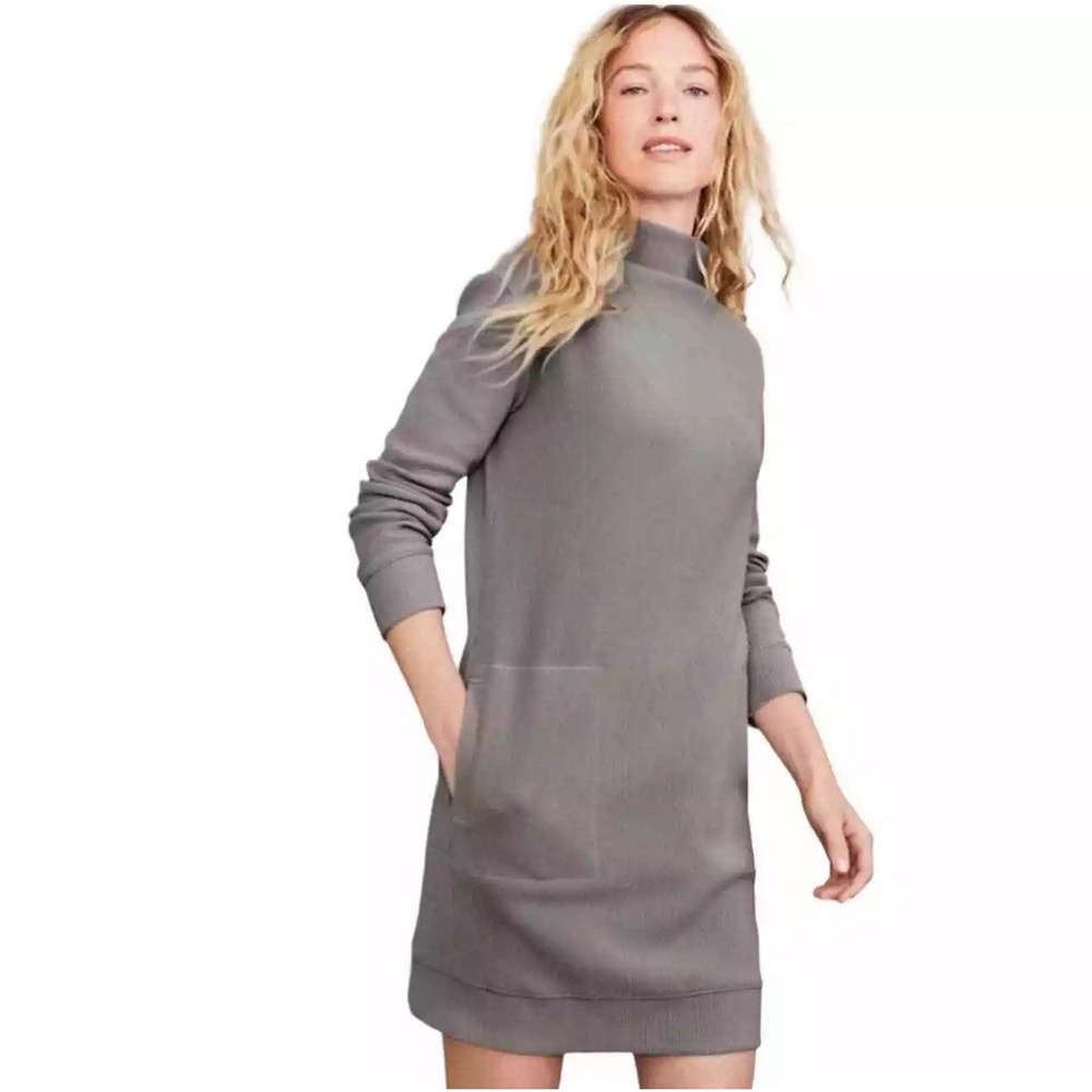 Garnet Hill Organic Cotton Ribbed Cocoon Dress Medium‎ Grey Taupe Pockets